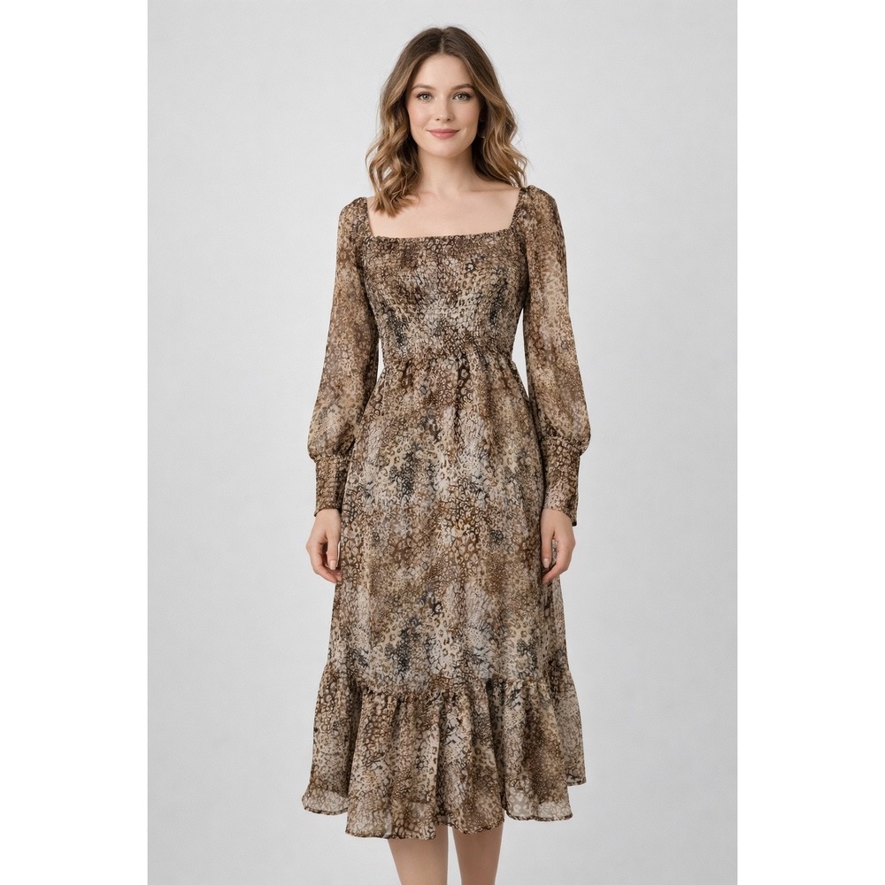 Betsey Johnson Animal Print Midi Dress XS Brown Tiered Smocked Peasant Cottage